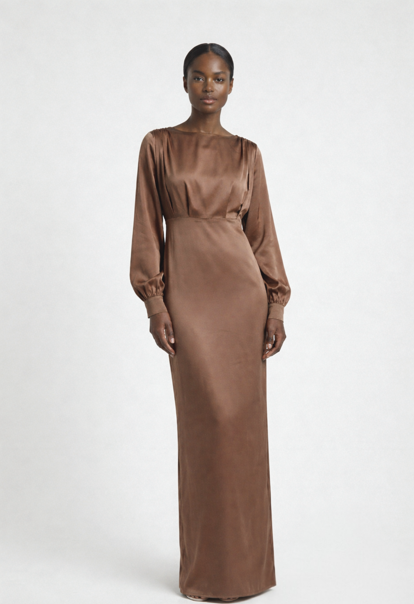 Caramel Satin Modest Maxi Dress