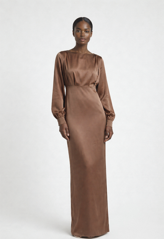 Caramel Satin Modest Maxi Dress