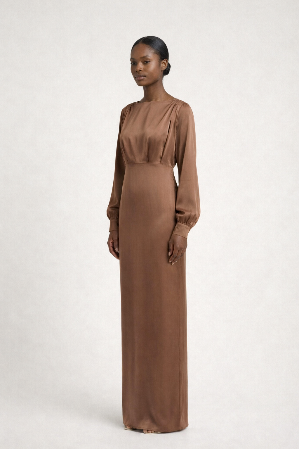 Caramel Satin Modest Maxi Dress