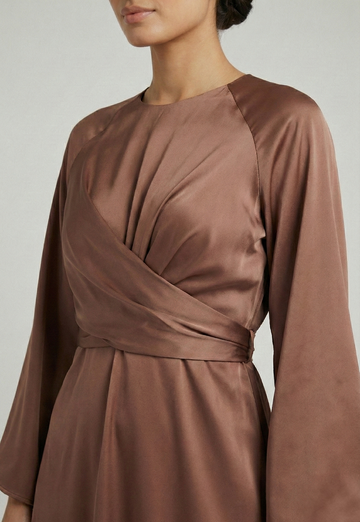 Satin Wrap Modest Maxi Dress – Caramel