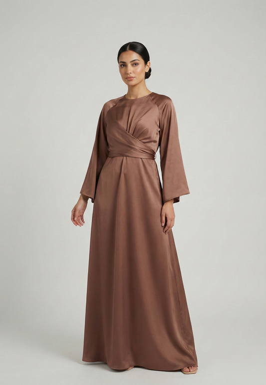 Satin Wrap Modest Maxi Dress – Caramel
