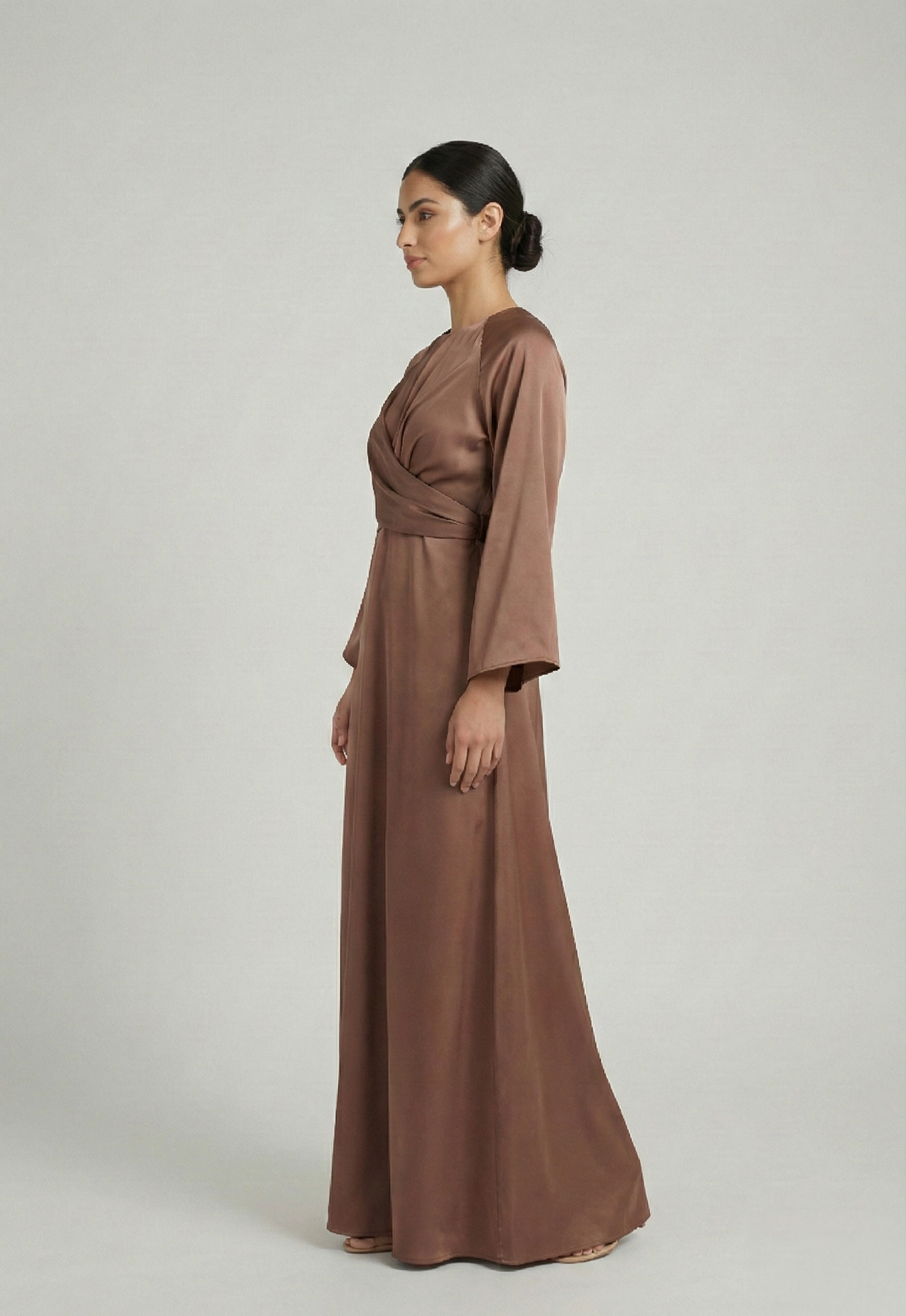 Satin Wrap Modest Maxi Dress – Caramel