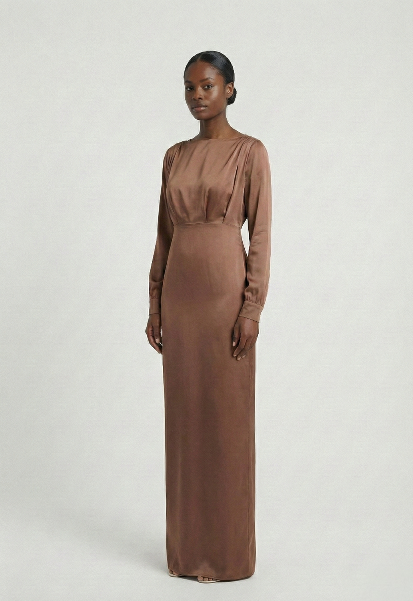 Caramel Satin Modest Maxi Dress