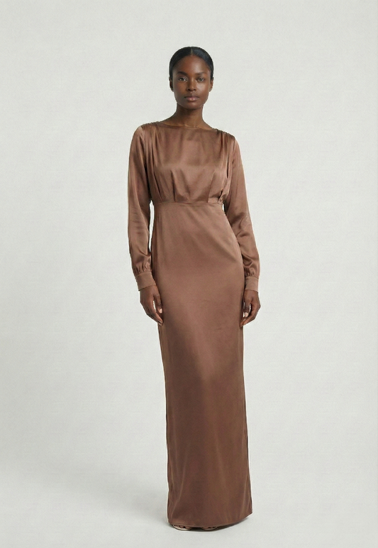 Caramel Satin Modest Maxi Dress