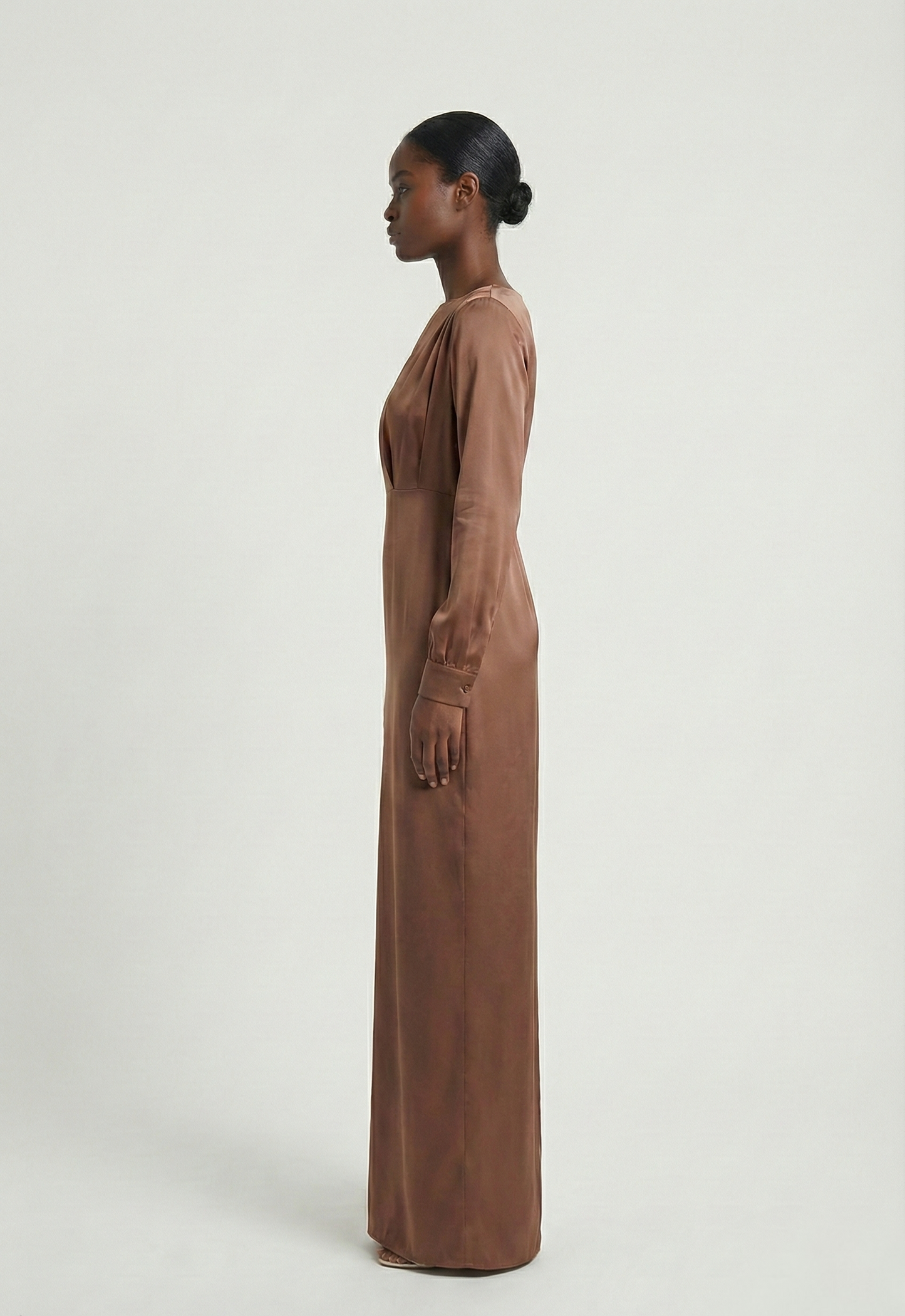 Caramel Satin Modest Maxi Dress